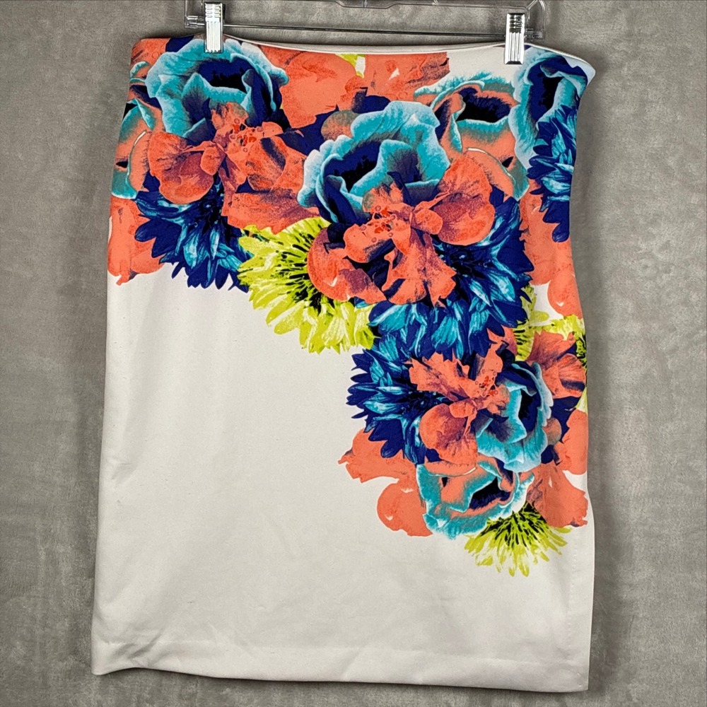 Worthington White Floral Pencil Skirt Blue Coral Green Size L Side Zip Stretch